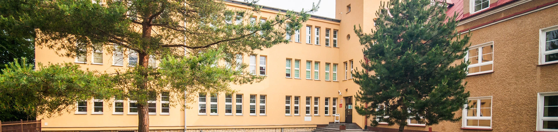Widok szkoły z zewnątrz. Przed budynkiem dwa drzewa iglaste.