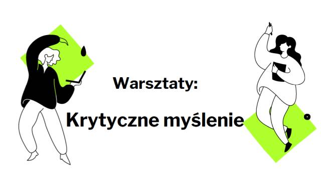 plakat :napis warsztaty krytyczne myslenie pomiedzy dwoma postaciami tańczącymi.