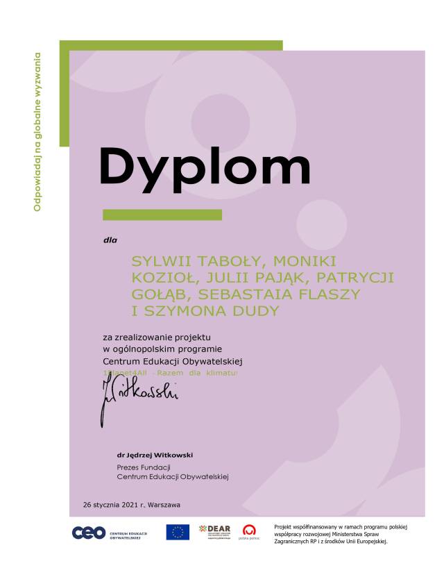 dyplom za zrealizowanie projektu w ogólnopolskim programie centrum edukacji obywatelskiej