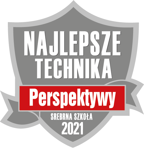 Logo Najlepsze Technika Perspektywy 2021. Logo w formie szarej tarczy z białym napisem, przepasane czerwoną szarfą.