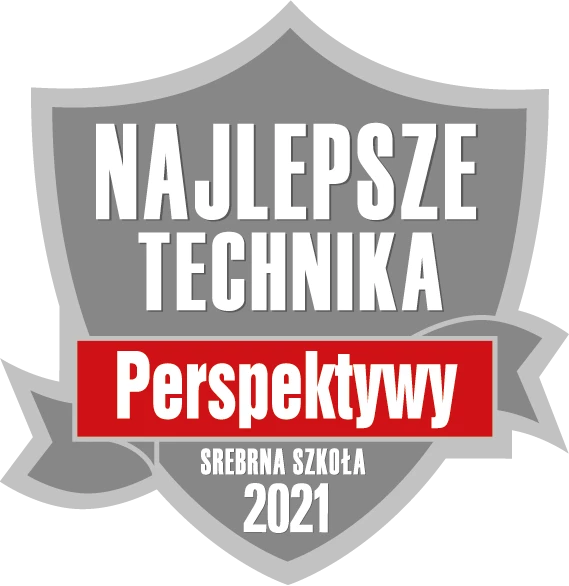 Logo Najlepsze Technika Perspektywy 2021. Logo w formie szarej tarczy z białym napisem, przepasane czerwoną szarfą.