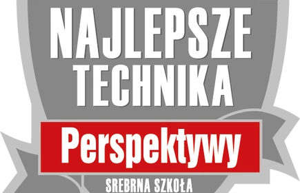 Logo Najlepsze Technika Perspektywy 2021. Logo w formie szarej tarczy z białym napisem, przepasane czerwoną szarfą.