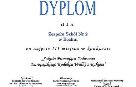 III miejsce w konkursie &#8222;Szkoła promująca zalecenia Europejskiego Kodeksu Walki z Ra 2